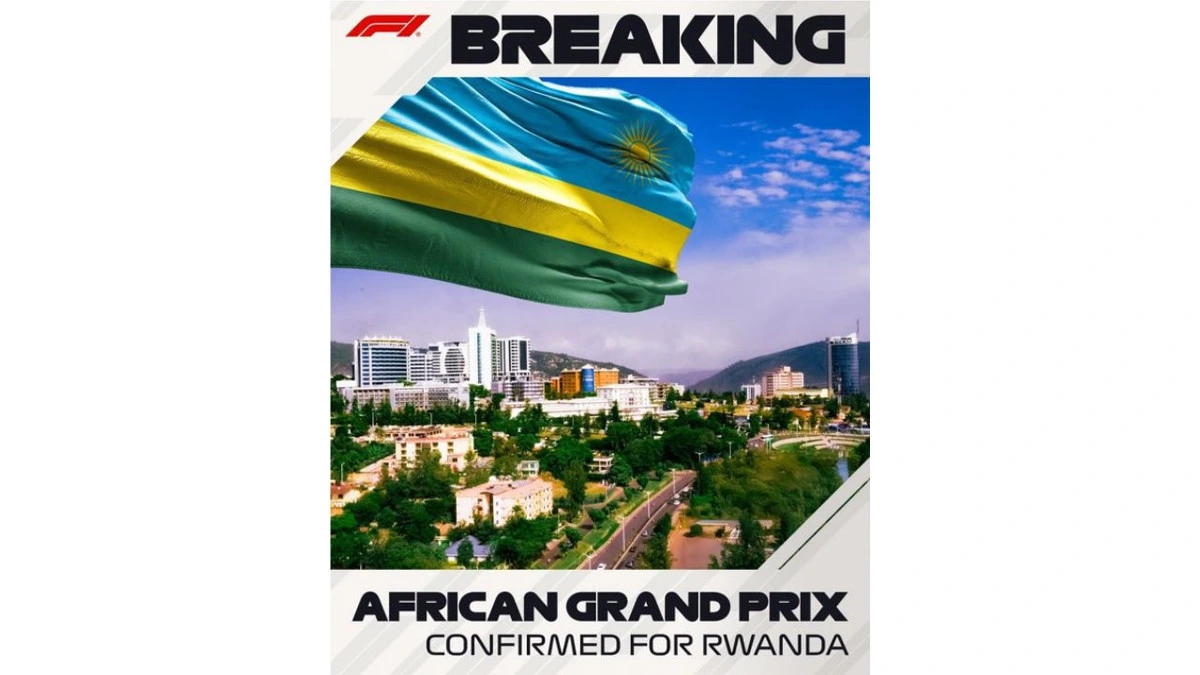 Ruanda bayrağı ve Kigali manzarası eşliğinde Afrika Grand Prix duyurusu