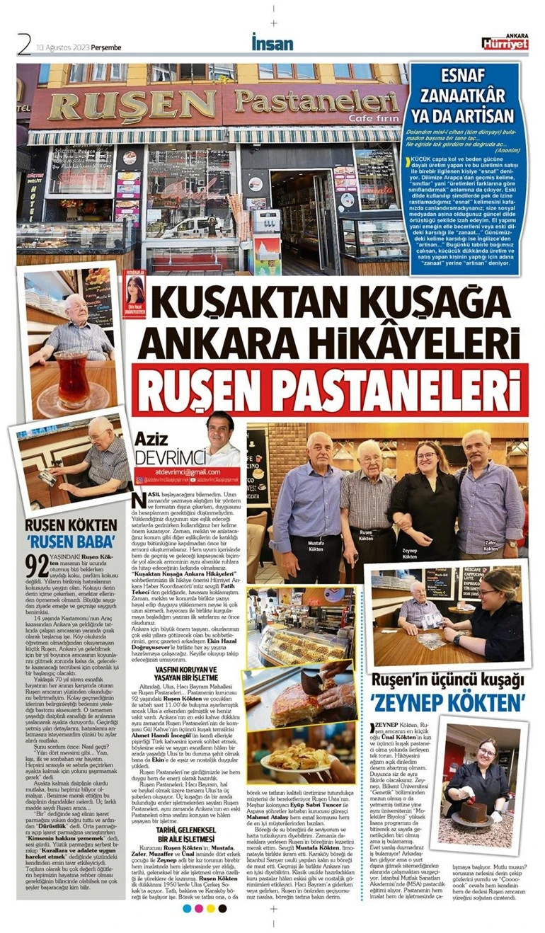 Ruşen Pastaneleri ve Ruşen Kökten’in hikâyesini anlatan gazete sayfası.