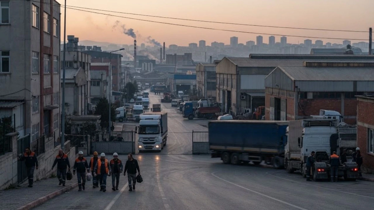 Sanayi bölgesindeki iş yerleri, kamyonlar ve çalışanlar
