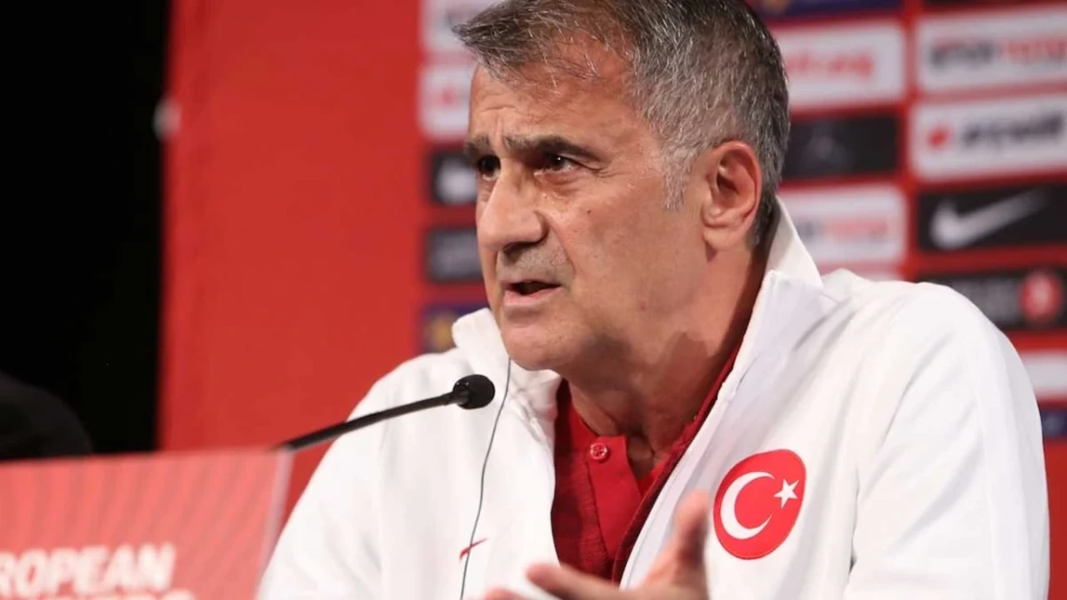 Şenol Güneş, Türkiye Futbol Takımı armalı kıyafetiyle basın toplantısında konuşuyor.