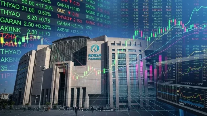 Borsa İstanbul binası ve üzerinde hisse senedi verilerinin yer aldığı grafikler