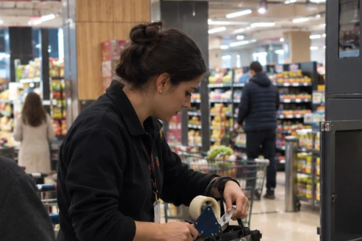 Bir müşteri markette alışveriş arabasının yanında çantasıyla ilgileniyor