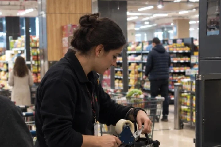 Bir müşteri markette alışveriş arabasının yanında çantasıyla ilgileniyor