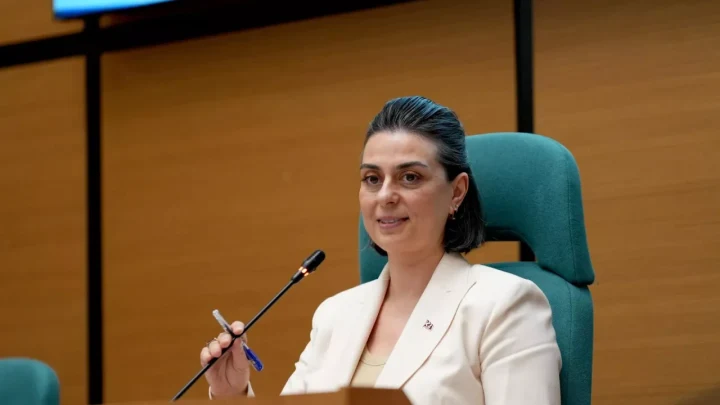Sinem Dedetaş, toplantı salonunda mikrofonun önünde oturuyor