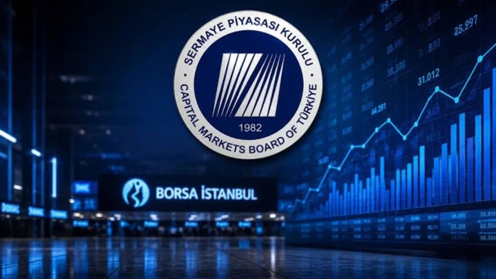 Sermaye Piyasası Kurulu amblemi ve Borsa İstanbul yazısı, borsa grafiklerinin önünde