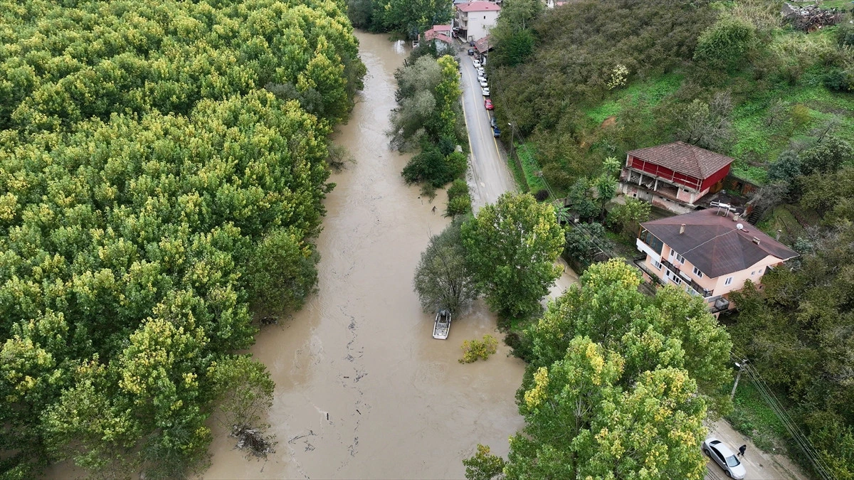 Ağaçlık alanın içinden geçen taşkınlı derenin çevresinde evler ve yol görülüyor.