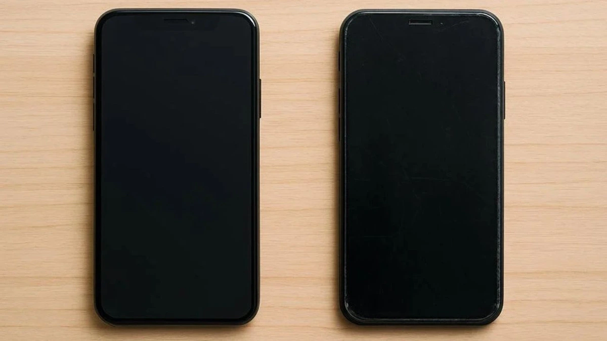 Ahşap yüzey üzerinde yan yana duran iki siyah akıllı telefon