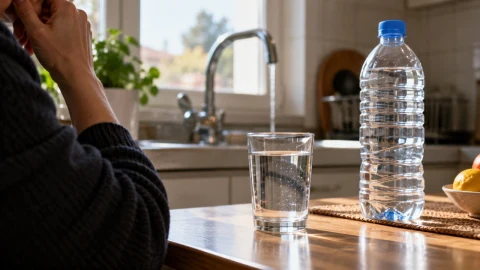 Mutfak tezgâhında bir bardak ve ambalajlı su şişesi