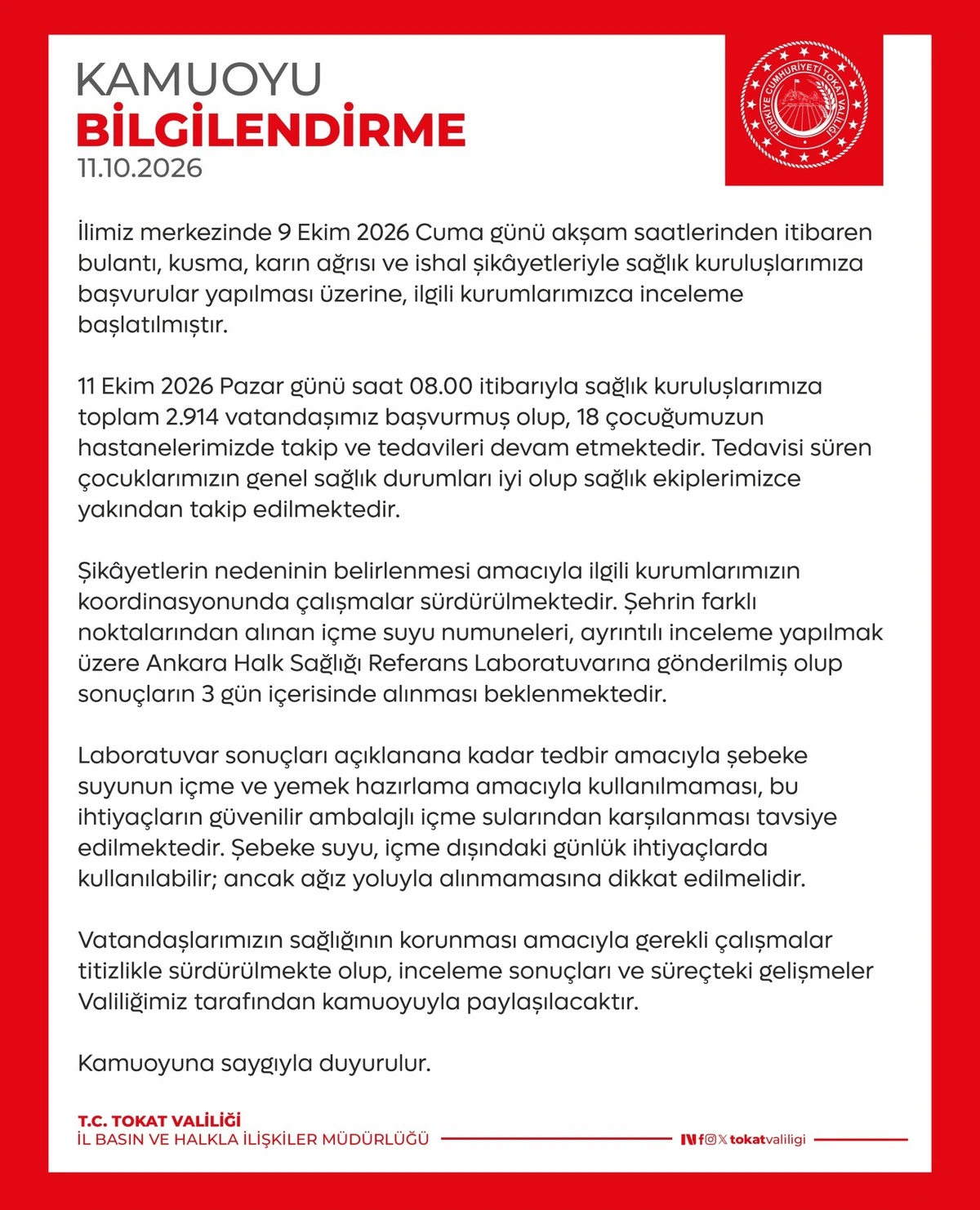 Tokat Valiliğinin 11 Ekim 2026 tarihli şebeke suyu ve sağlık kuruluşlarına başvurular hakkındaki kamuoyu bilgilendirmesi
