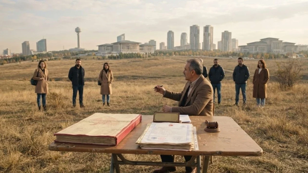Bir arsa arazisinde masanın başında oturan kişi ve arka planda sıralanan insanlar