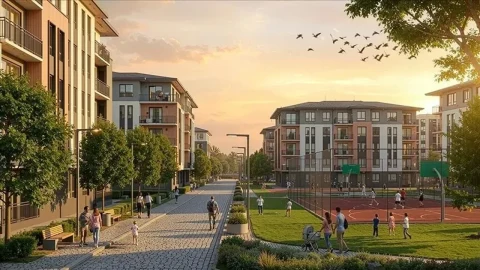 TOKİ sosyal konut projesinde apartmanlar, yürüyüş yolları ve spor alanları