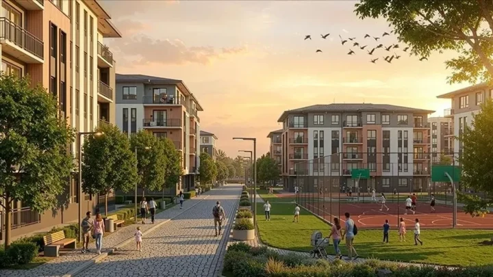 TOKİ sosyal konut projesinde apartmanlar, yürüyüş yolları ve spor alanları