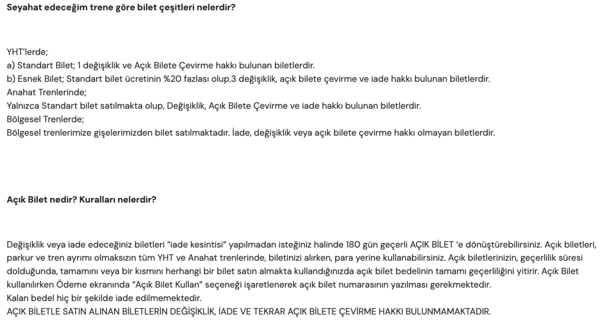 YHT, ana hat ve bölgesel tren biletleri ile açık bilet koşullarını açıklayan bilgilendirme metni