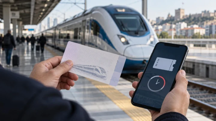 Tren istasyonunda basılı bilet ve telefondaki dijital bilet ekranı