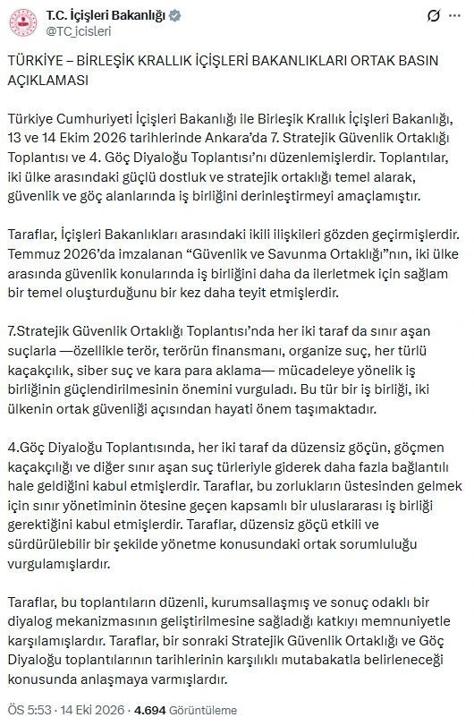 Türkiye ile Birleşik Krallık içişleri bakanlıklarının güvenlik ve göç toplantılarına ilişkin ortak basın açıklaması