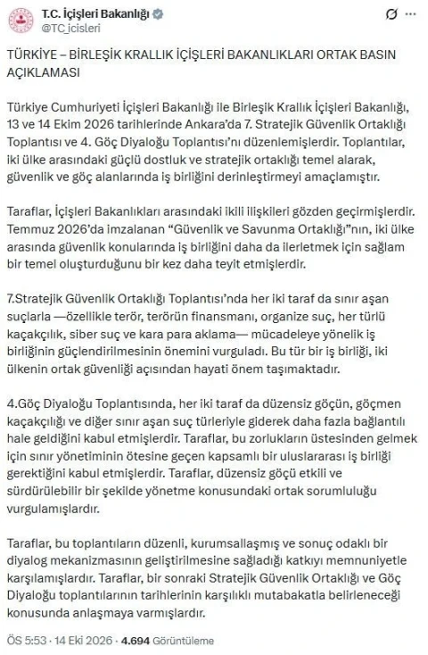 Türkiye ile Birleşik Krallık içişleri bakanlıklarının güvenlik ve göç toplantılarına ilişkin ortak basın açıklaması
