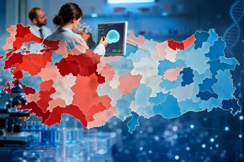 Türkiye haritası üzerinde şehirleri renklerle gösteren ve ekranda beyin görseli bulunan laboratuvar temalı illüstrasyon