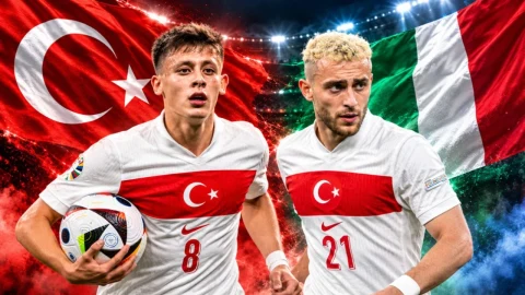 Türkiye ve İtalya bayrakları önünde milli formayla Arda Güler ve Barış Alper Yılmaz