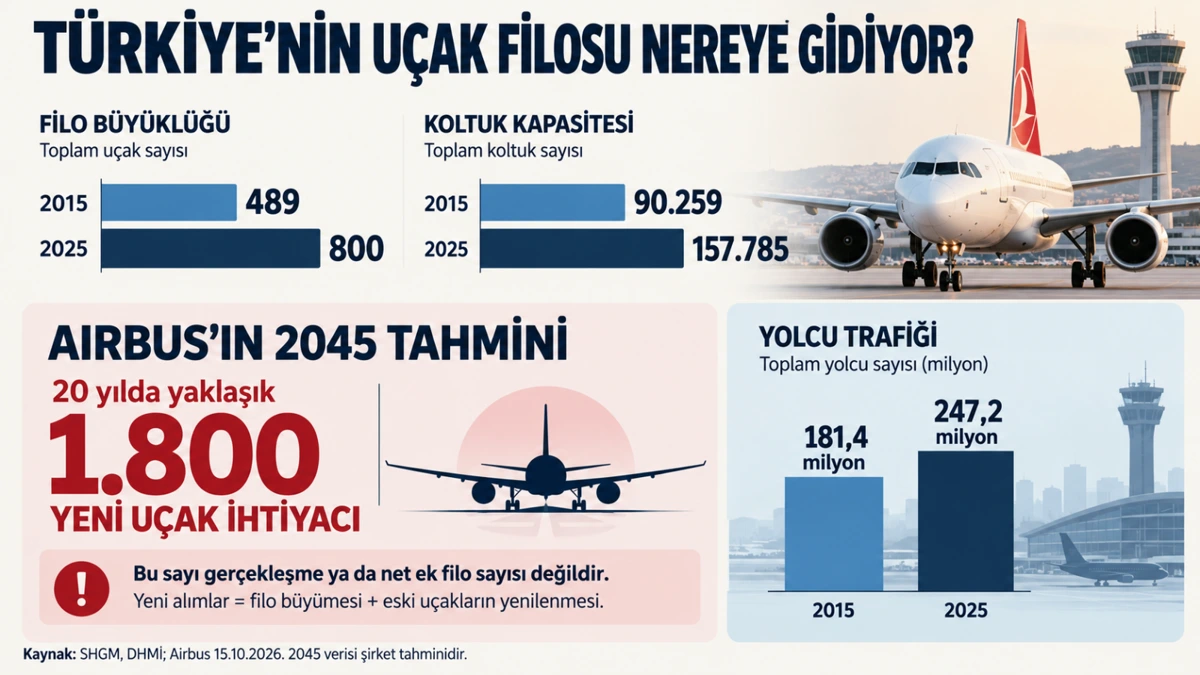 Türkiye’nin uçak filosu, koltuk kapasitesi, yolcu trafiği ve Airbus’ın 2045 tahmini hakkında infografik