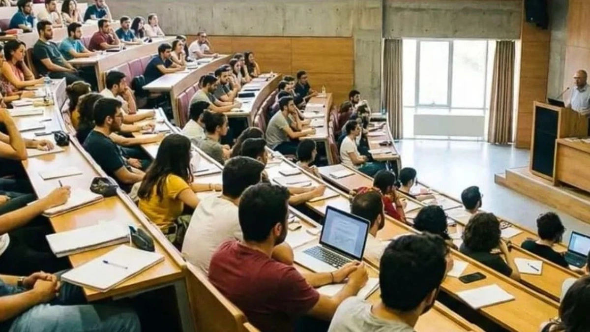 Ders dinleyen öğrencilerin bulunduğu üniversite amfisi