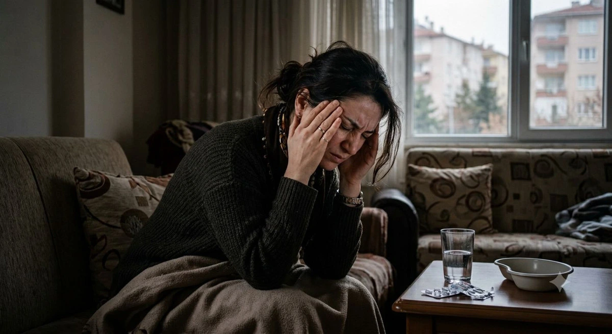 Evde koltukta otururken başını ellerinin arasına alan kadın