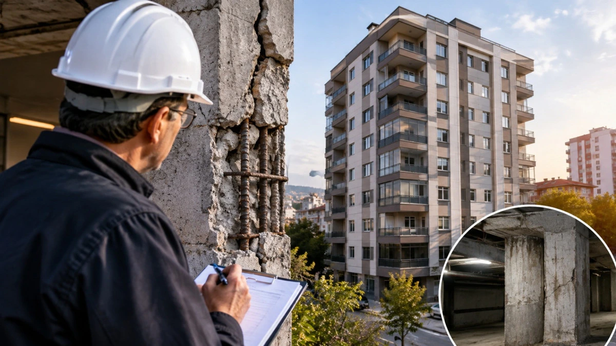 Baretli uzman, hasarlı kolonun yanında apartmanı inceliyor
