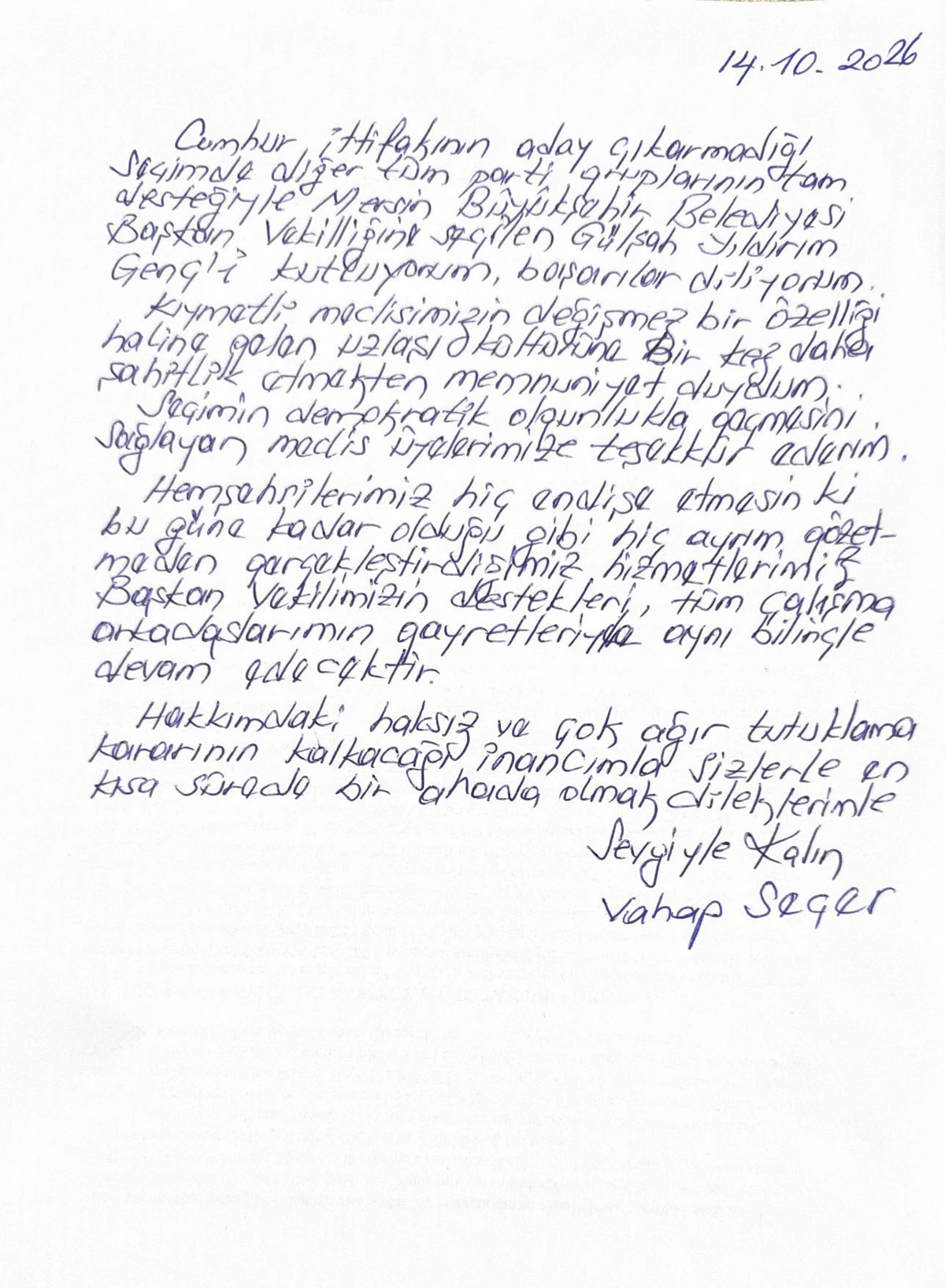 Vahap Seçer’in 14 Ekim 2026 tarihli el yazısı mesajı