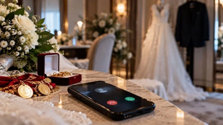 Düğün hazırlıkları ve takıların yanında arama ekranı açık bir telefon