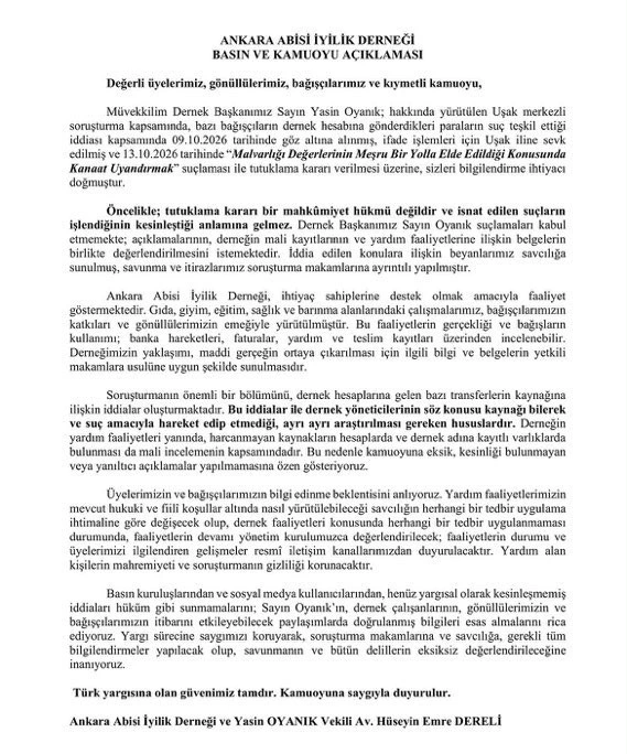 Ankara Abisi İyilik Derneği ve avukatı Hüseyin Emre Dereli imzalı basın açıklaması