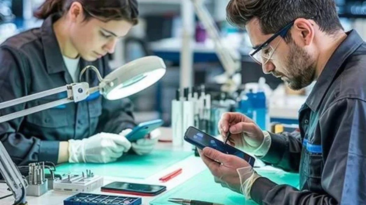 Teknisyenlerin çalışma masasında akıllı telefonları incelediği görüntü