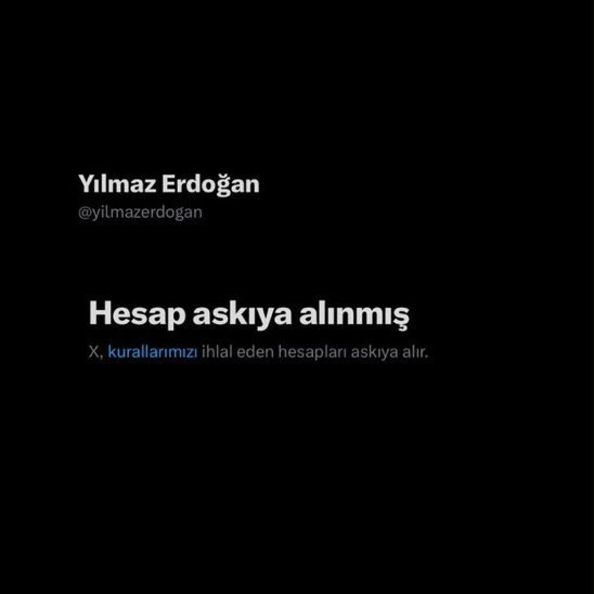 Yılmaz Erdoğan’ın X profilinde hesabın askıya alındığını bildiren uyarı