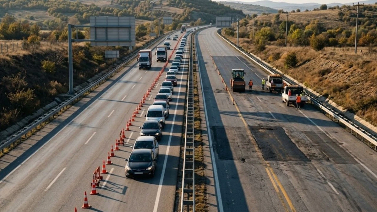Yol çalışması sırasında konilerle ayrılan şeritte araç kuyruğu