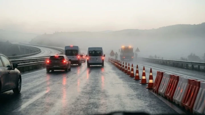 Islak yolda trafik konileri ve bariyerler arasında kontrollü ilerleyen araçlar