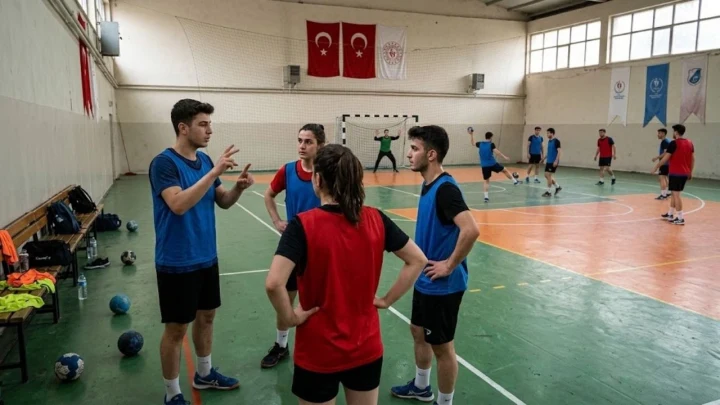 Hentbol salonunda antrenör sporcularla iletişim kuruyor, diğer sporcular sahada çalışıyor