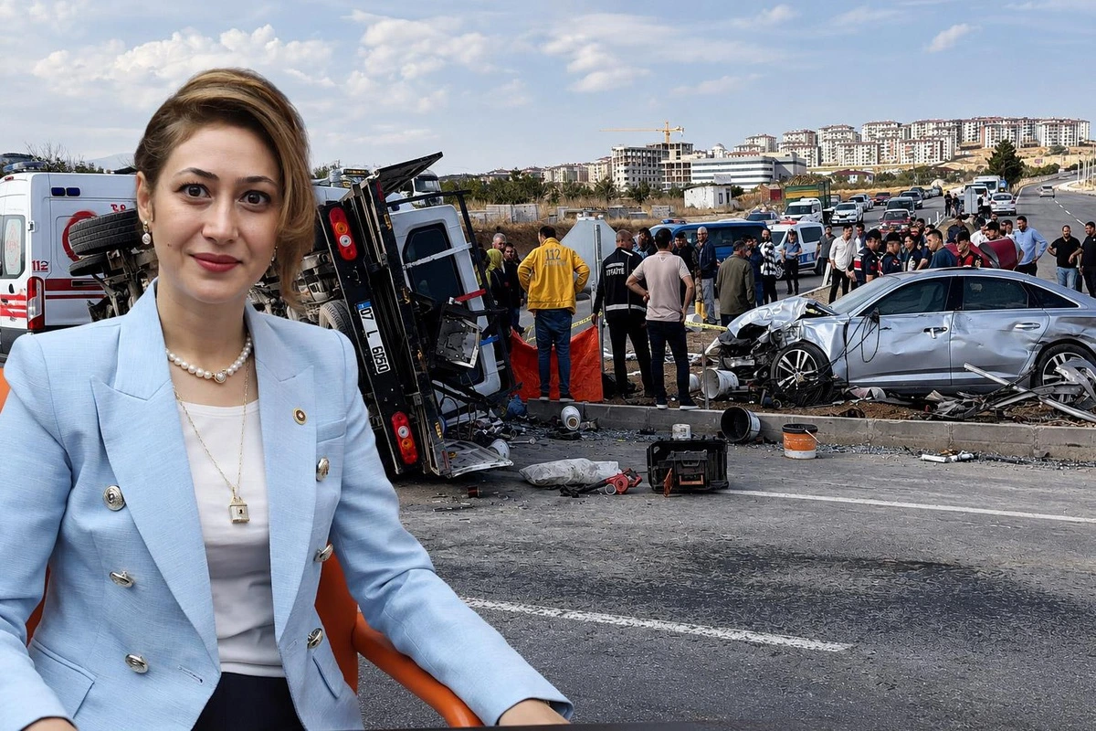 Zuhal Karakoç’un portresi, arka planda trafik kazası sonrası olay yeri